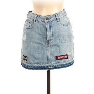 Y2K Patch Denim Mini Skirt Sz 6‎ Juniors Distressed Quote Embroidery NWT